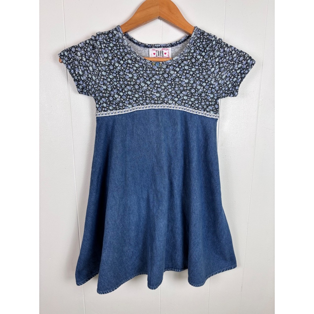Vintage Y2K Zoey Girls Denim Dress Blue Floral Top Short Sleeve Girls 6X‎
